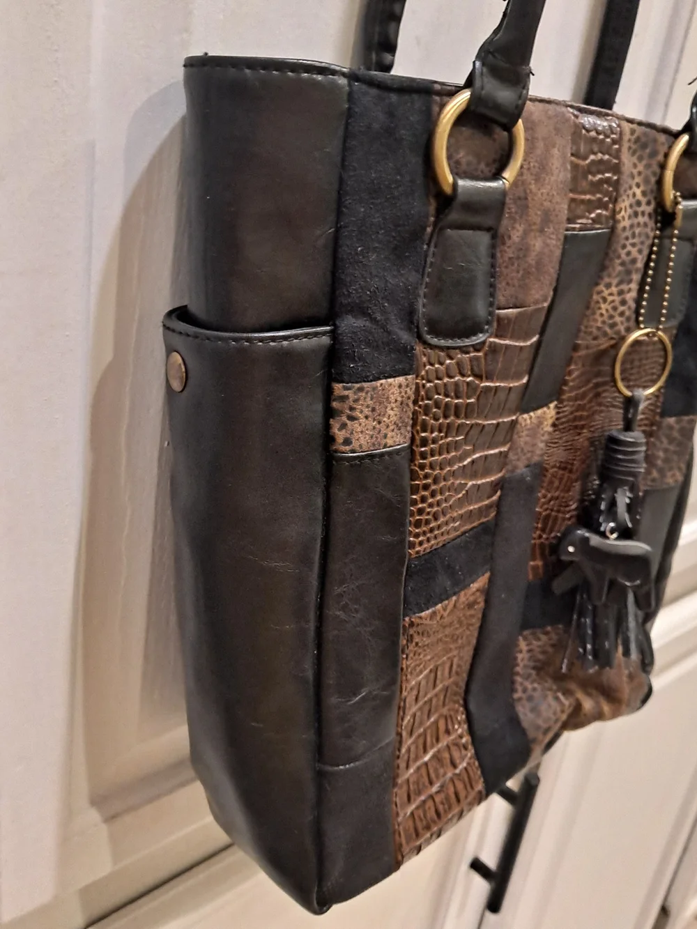 Bueno Collection Vintage Patchwork Mixed Leather Shoulder Bag Brown Black Animal